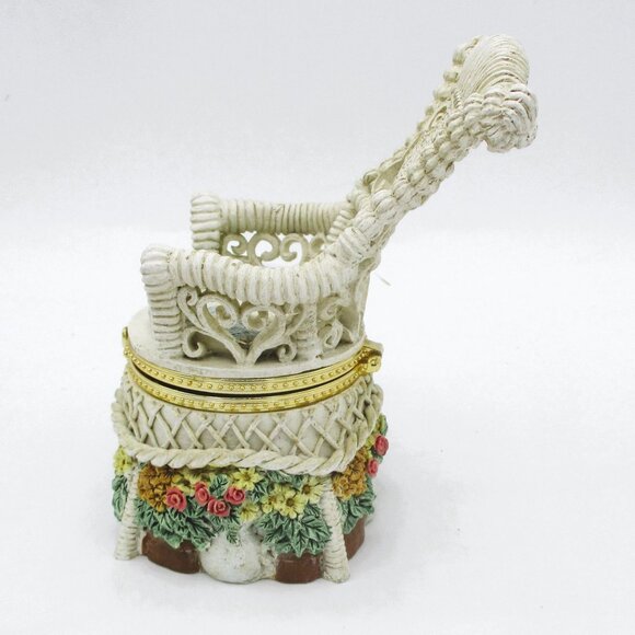 Wicker Chair Resin Trinket Box With Floral Accents & Bow Clasp Design - Picture 4 of 5